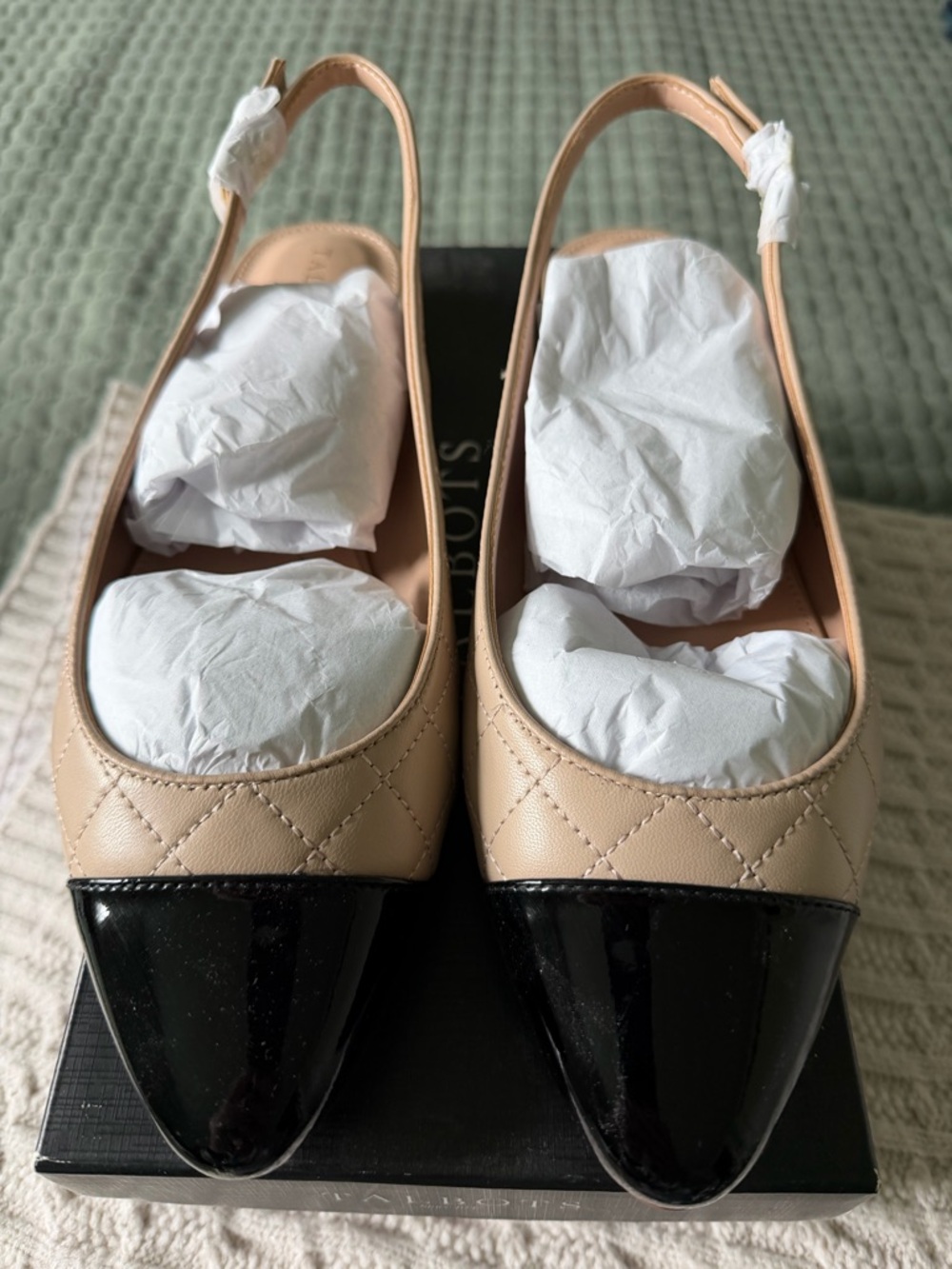 Talbots Beige Quilted Sling backs with Black Cap Toe